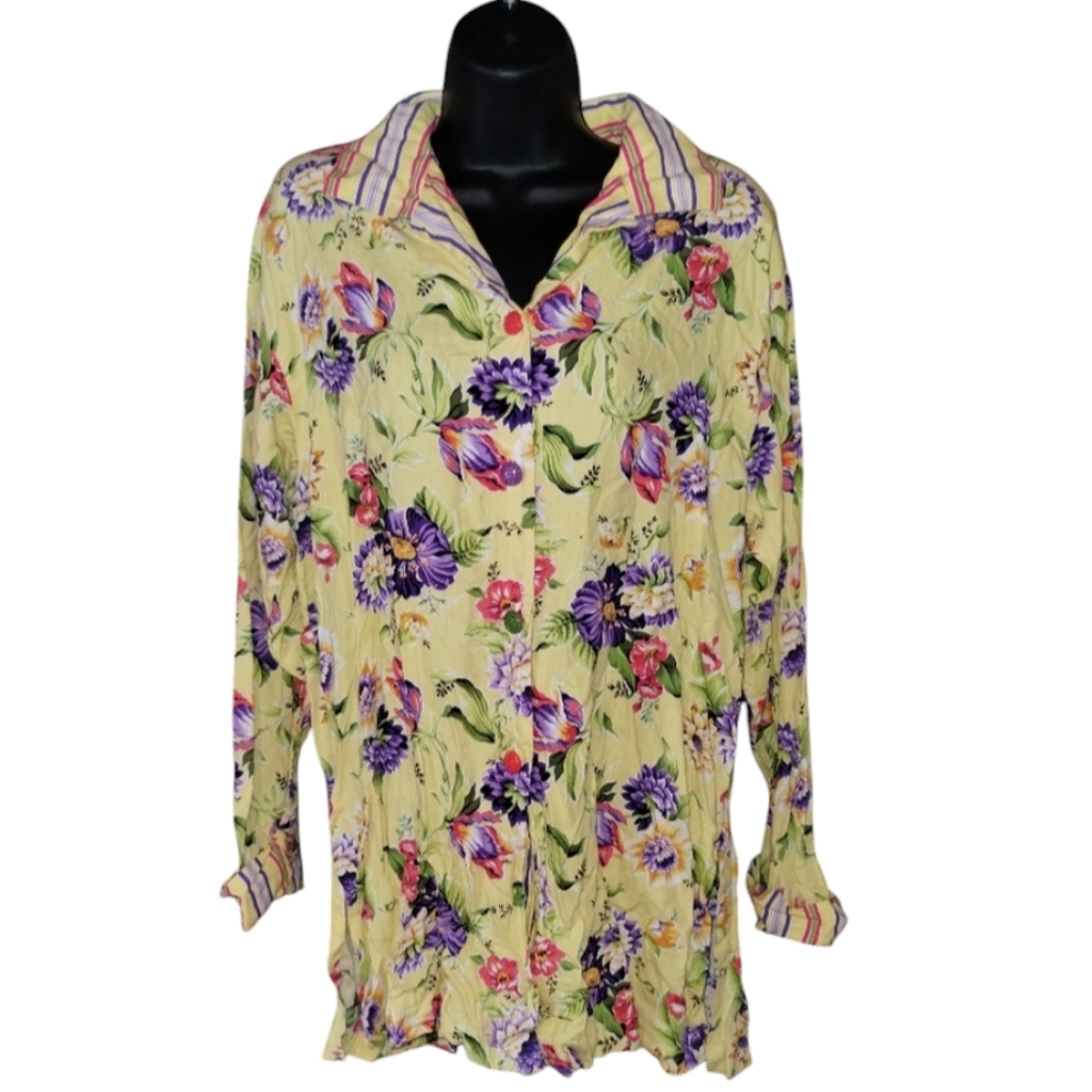 Saks Fifth Avenue vintage blouse, button up front, Yellow Floral, long sleeve